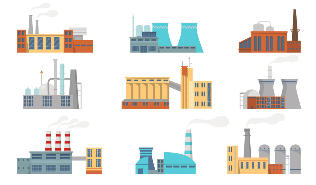 Different drawings of factories representing that business automation can be applied to many industries.