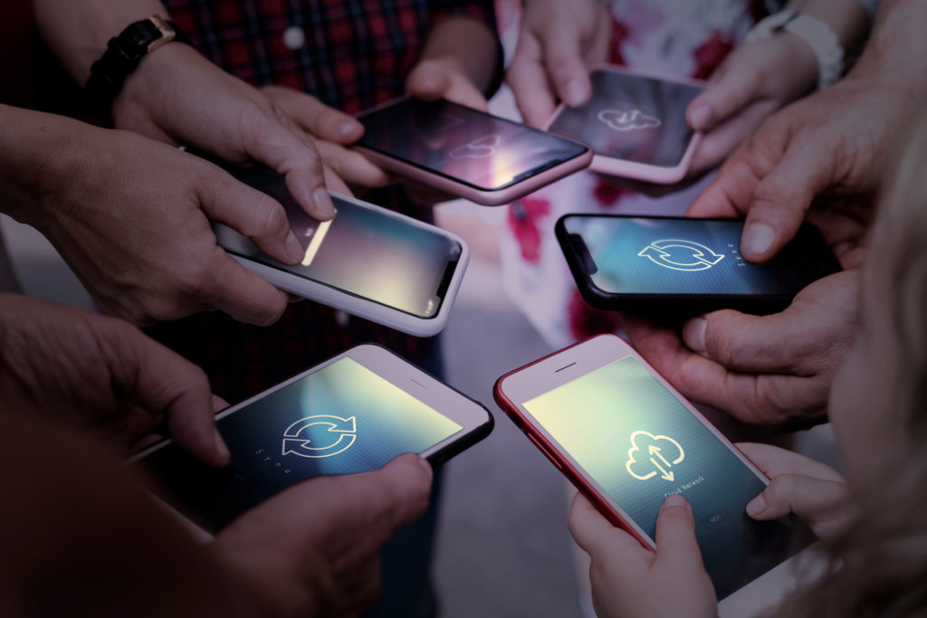 cloud networking with people files dropping through mobile phones